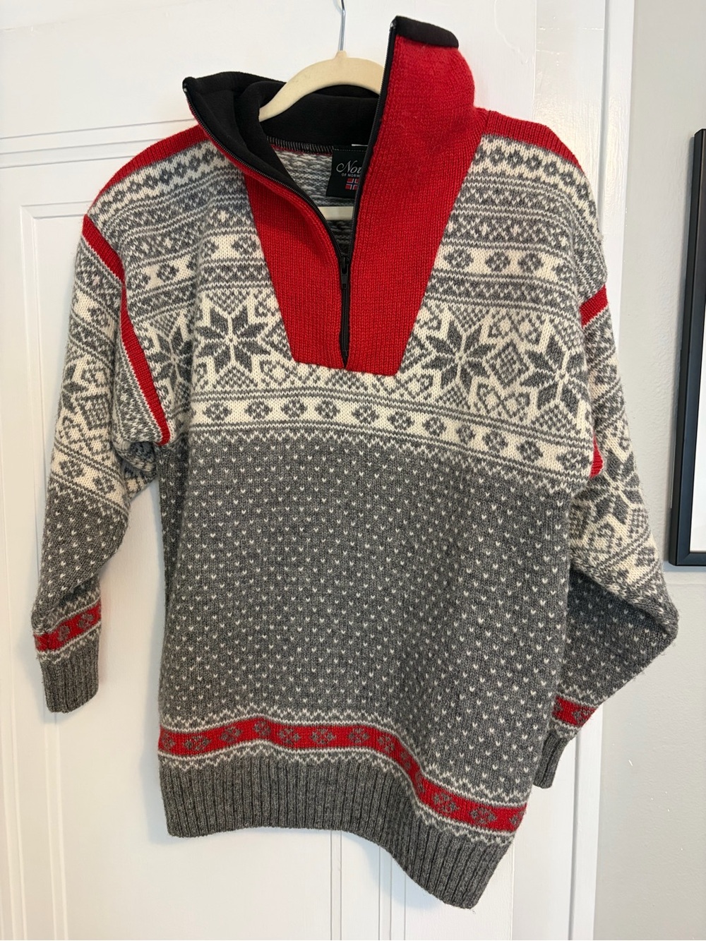 Womens Nordic Quarter Zip-Up Sweater in Red & Gray